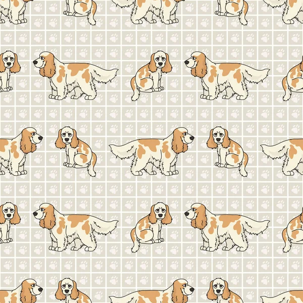 Hand drawn cute cocker spaniel and puppy breed dog seamless vector pattern. Purebred pedigree domestic dog on paw background. Dog lover English hunting pet all over print. Kennel pooch. EPS 10. — Stockvector