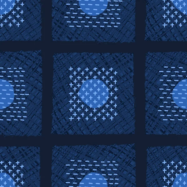 Bordado Boro Patch Kantha Vector Pattern. Aguja asiática Seamless fondo índigo estilo azul. Sashiko Running Hand Stitch Texture Textile Print. Decoración de Japón. Azulejo acolchado masculino EPS 10 — Archivo Imágenes Vectoriales