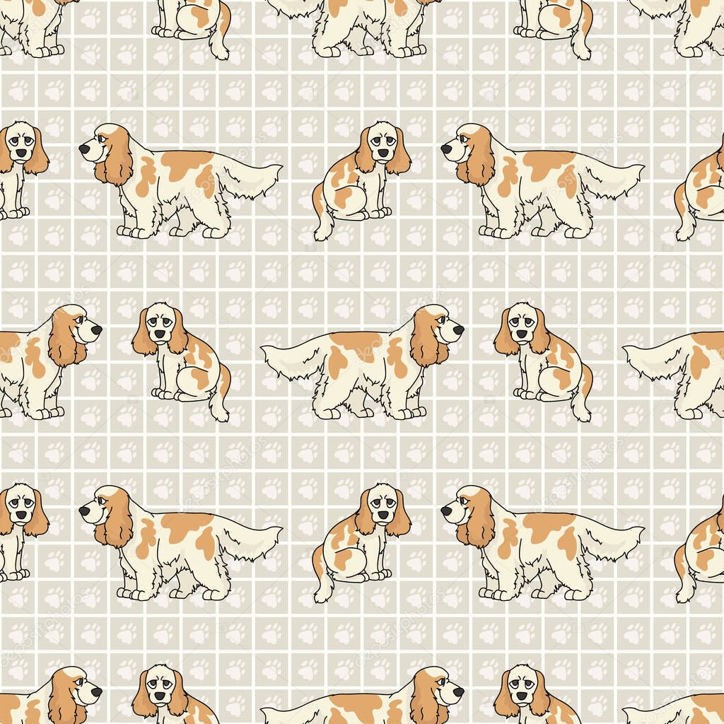 Hand drawn cute cocker spaniel and puppy breed dog seamless vector pattern. Purebred pedigree domestic dog on paw background. Dog lover English hunting pet all over print. Kennel pooch. EPS 10. 