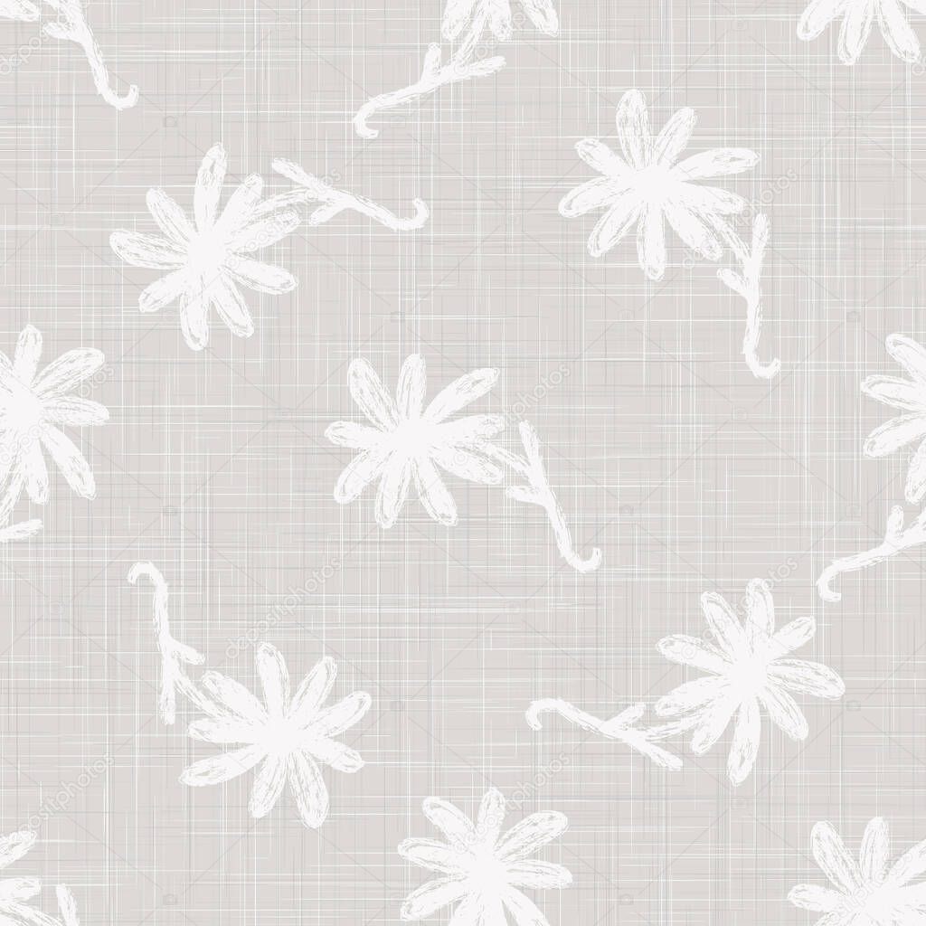 Gray French Linen Texture Background printed with White Daisy Flower. Natural Ecru Flax Fibre Seamless Pattern. Organic Yarn Close Up Grey Beige Weave Fabric Wallpaper, Cloth Packaging. Vector EPS10