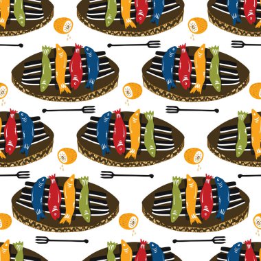 Izgara sardalya, kusursuz vektör desenli balık. Lizbon St. Anthony Portekiz Yemek Festivali için geleneksel Bbq Motifi. Sıcak Barbekü Tarifi için grafik, Sağlıklı Portekiz Deniz Ürünleri Arkaplanı. Her Yerde Yazdır