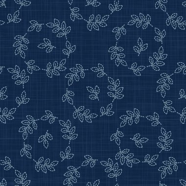 Yaprak Motifi Nakış Motifi Arkaplanı. Japon Sashiko Efekti Dikensiz Çamaşır Örtüsü. El çabukluğu İndigo Koyu Mavi. Doku Tekstil Baskısı, Japonya Dekor Asya Yorganı. Vektör Eps 10