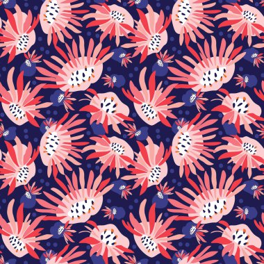 Elle Boyalı Kalın Yaz Çiçeği Çiçek Motifli Kusursuz Desen. Klasik Mavi Pembe Çiçek Taç Arkaplanı. Modern Parlak Kesim Kolaj Tekstili. Egzotik Hawaii Allover Yazdırma Vektörü Eps 10 Fayans.