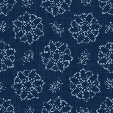 Çiçek Yaprağı Motifi Sashiko Tarzı Japon İğneli Dikensiz Vektör Deseni. El Dikişi Mavi Çizgisi Tekstil Yazısı, Klasik Japon Dekorasyonu, Asya Arkaplanı veya Kimono Örtü Şablonu.