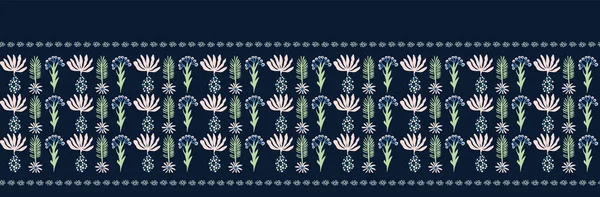 Floral vecteur Damas motif bannière arrière-plan. Naïve fleur de graine Fleur sombre motif de bordure sans couture. Élégante fleur tropicale exotique sur indigo bleu classique. Coupe de bord de ruban textile dessiné à la main. SPE 10 — Image vectorielle