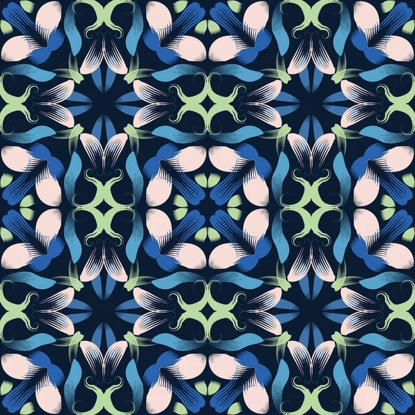 Fondo clásico de motivo de simetría floral azul. Oscuro abstracto flor hoja mosaico patrón sin costura. Elegante exótico efecto de vidrieras de floración tropical índigo textil. Vector de ilustración repetida EPS 10 — Vector de stock