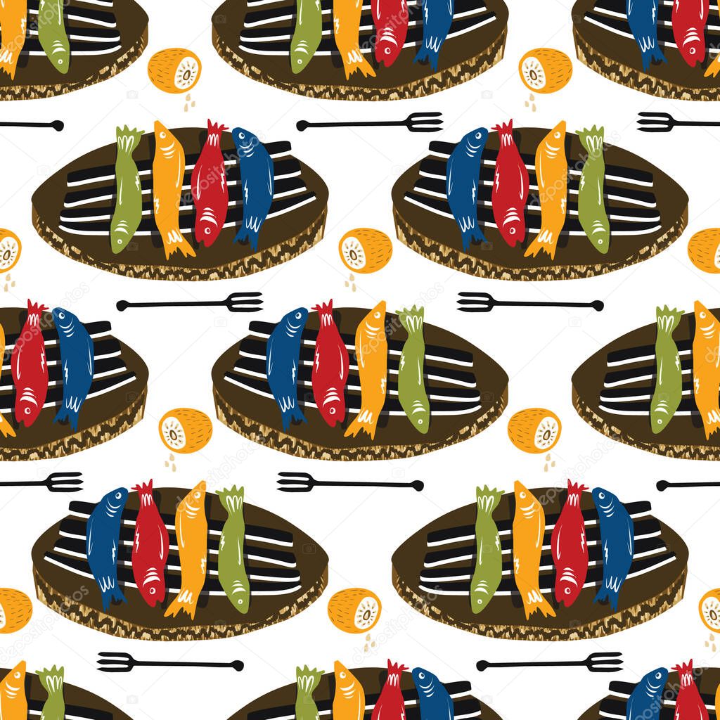 Grilled Sardines Fish Seamless Vector Pattern. Traditional BBQ Motif for Lisbon St Anthony Portugese Food Festival. Graphic for Hot Barbeque Recipe, Healthy Portugal Seafood Background. All Over Print