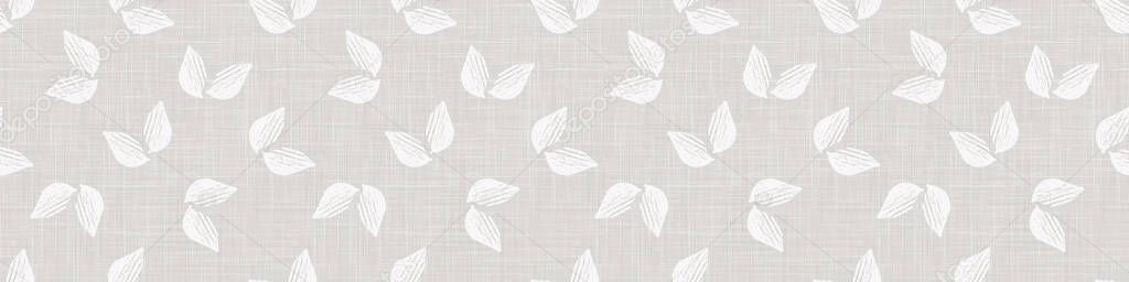 Gray French Linen Texture Border Background printed with White Falling Leaves. Natural Unbleached Ecru Flax Fibre Seamless Pattern. Organic Close Up Weave Fabric Banner. Cloth Packaging, Vector EPS10