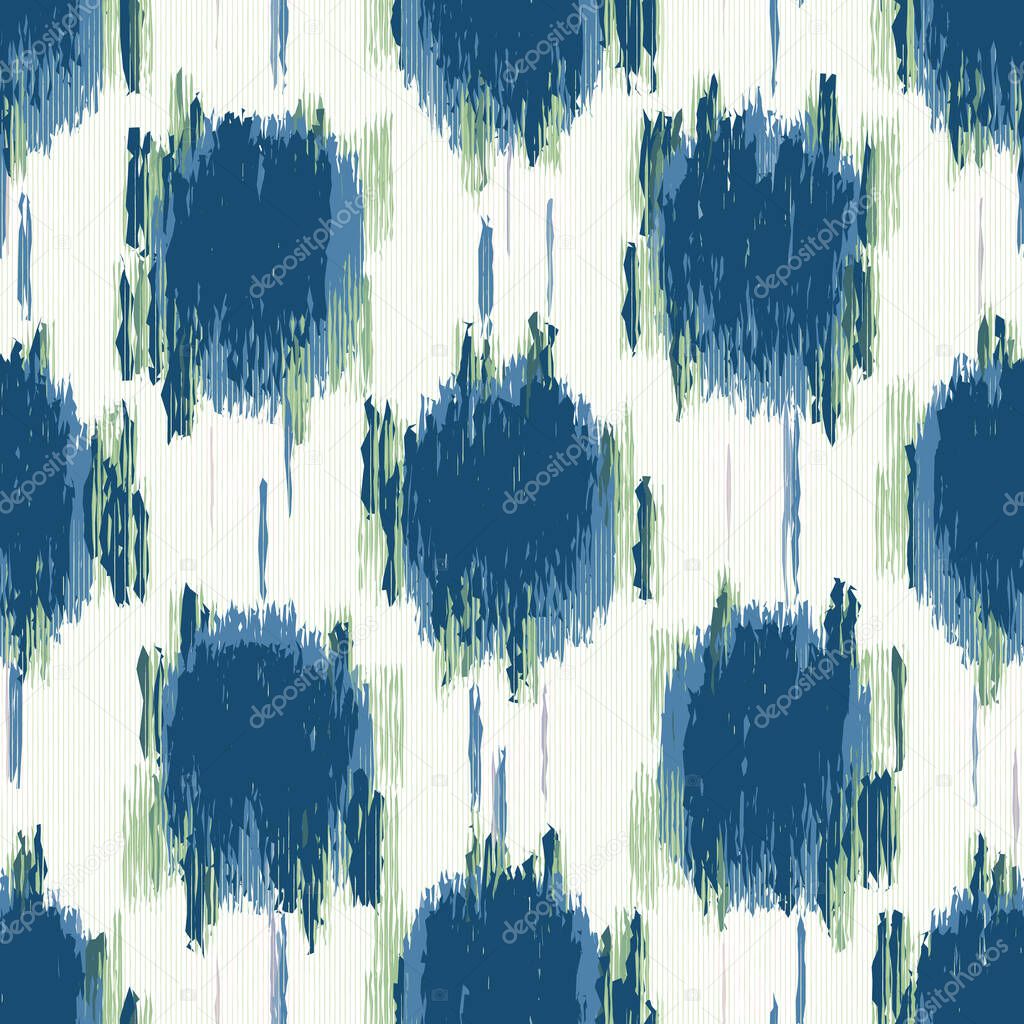  Classic Blue Glitch Space Dye Polka Dot Texture. Painterly Seamless Pattern with Blotched Shibori Effect. Ikat White. Dripping Dotty Distressed Summer Background. Textile All Over Print Vector EPS10