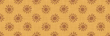 Altın rengi Fransız keten kumaş dokusu arkaplanı Kahverengi Papatya Ayçiçekleri ile basılmış. Doğal Boya Ecru Flax Fiber Kusursuz Kurdele Deseni. Kumaş bandını kapat, kumaş Washi bandını kapat. Vektör Eps10