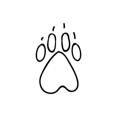 Cute cartoon monochrome dog paw with claw print lineart vector clipart. Wildlife animal foot print for dog lovers. Stylized fun kids nature trail. Illustration mark. Isolated claw walking print. 