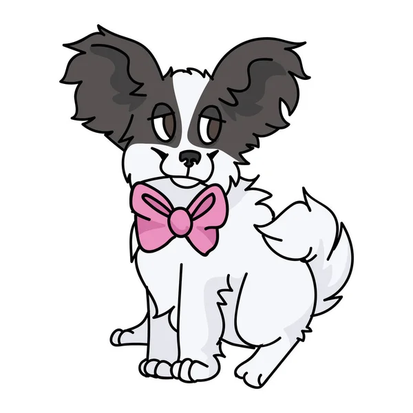 Roztomilý kreslený papillon štěně pes s růžovým lukem vektorové kliparty. Rodokmen psí plemeno pro milovníky psů. Čistokrevný domácí mazlíček ilustrační maskot. Izolované psí chlupy. EPS 10. — Stockový vektor