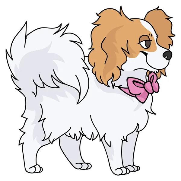 Cute cartoon papillon dog with pink bow vector clipart. Pedigree kennel doggie breed for dog lovers. Purebred domestic puppy for pet parlor illustration mascot. Isolated canine fluffy. EPS 10. — Stock Vector