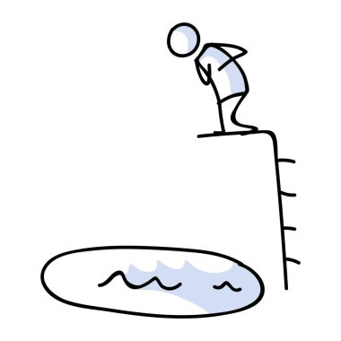 Dalış tahtası vektör klibinde duran hoş bir çöp adam. Cesur atlet dalış tahtası. Boş zamanların resimli resmini çizdim. EPS 10. 