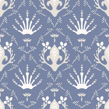 French blu shabby chic damask vector texture background. Antique ecru blue flourish seamless pattern. Hand drawn ornate floral interior wallpaper home decor swatch. Classic baroque style allover print