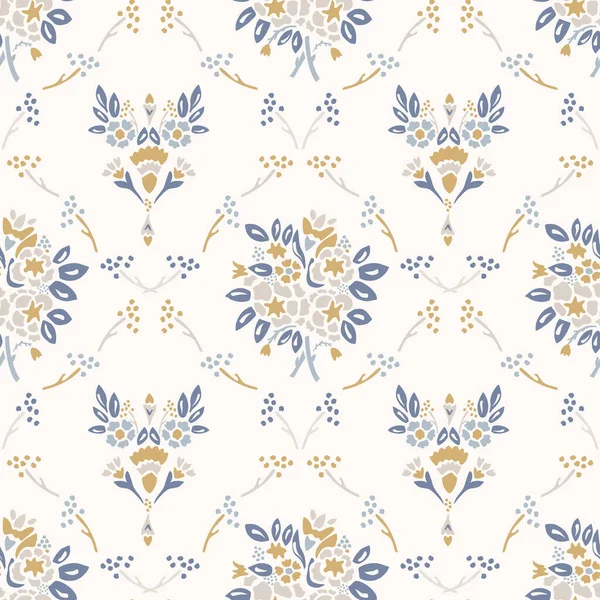 French shabby chic damask vector texture background. Dainty flower bouquet off white seamless pattern. Hand drawn floral interior home decor wallpaper. Classic cottage farmhouse style all over print