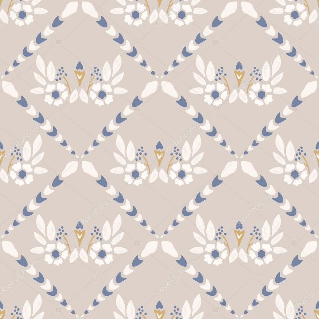 French shabby chic azulejos tile vector texture background. Dainty flower yellow blue on off white seamless pattern. Hand drawn floral mosaic interior home decor swatch. Classic style allover print