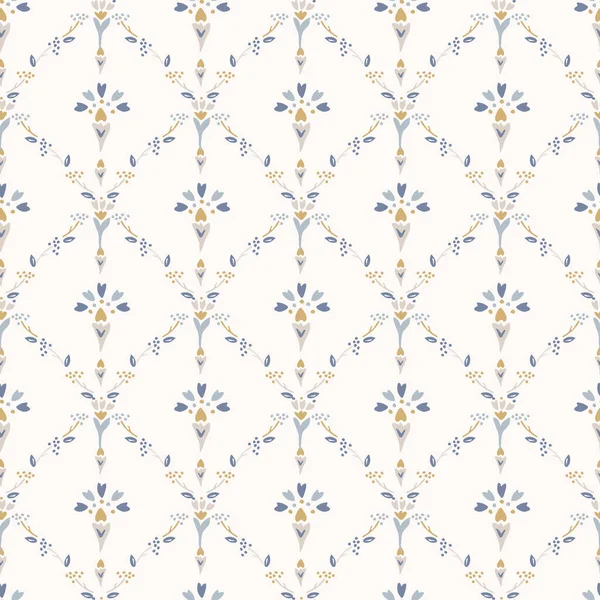 French shabby chic damask vector texture background. Dainty flower in blue and yellow on off white seamless pattern. Hand drawn floral interior home decor swatch. Classic farmouse style all over print — стоковий вектор