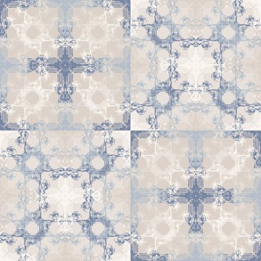 Grey french linen vector ceramic tilee texture seamless pattern. Square mosaic azulejos. Grunge shabby chic abstract background. Country farmhouse style. Irregular distressed mark allover print