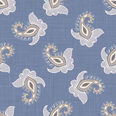 French shabby chic paisley. Line vector woven texture background. Antique white blue flourish seamless pattern. Hand drawn floral interior wallpaper home decor swatch. Persian style all over print