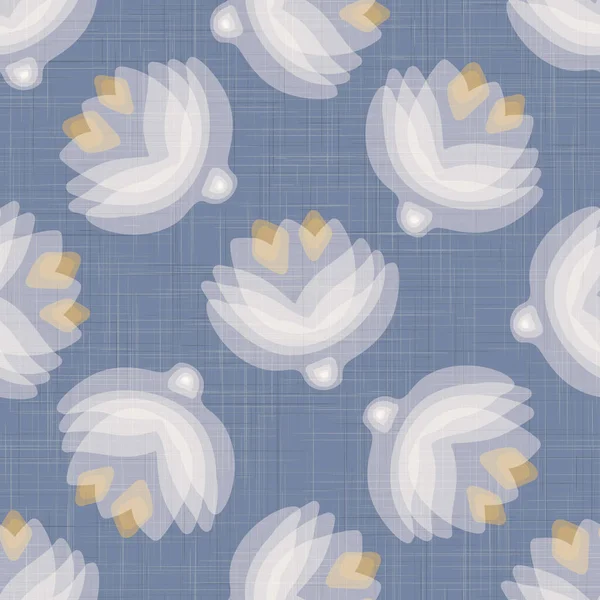 French shabby chic floral linen vector texture background. Pretty tulip flower on blue seamless pattern. Hand drawn floral interior home decor swatch. Classic rustic farmhouse style all over print — Stock Vector