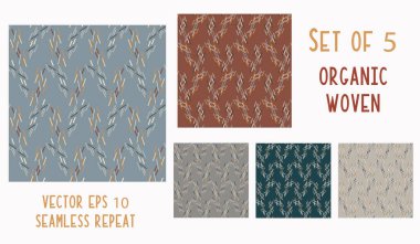 El yapımı keten desenli, pürüzsüz desen. Vektör karalama organik çapraz dokuma izleri. Gevşek çizgili kumaş soyut. Doğal ev yapımı toprak kahverengi tekstil baskısı seti
