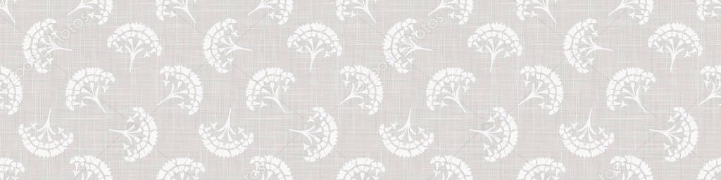Gray french linen texture border background printed with white daisy flourish. Natural ecru summer country style seamless ribbon edge pattern. Ornamental woven floral medallion. Chic wedding trim