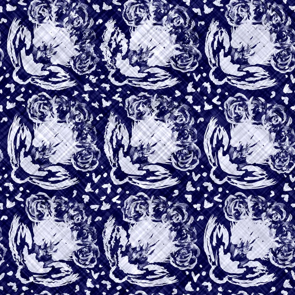 Indigo blue batik dyed daisy flower effect texture background. Seamless japanese repeat pattern swatch. Painterly floral motif bleach dye. Masculine asian fusion all over kimono textile cloth print.