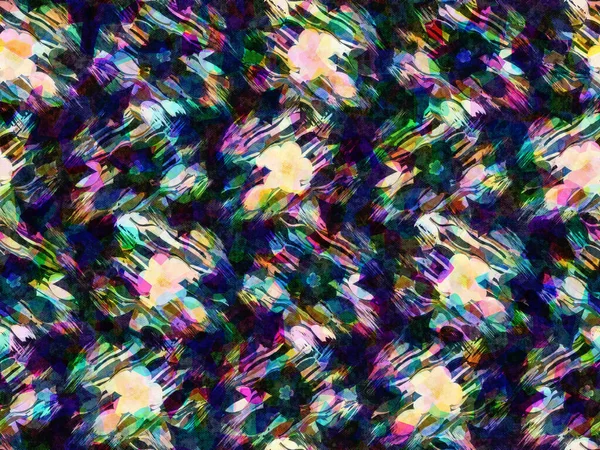 Lebendige, malerisch dunkle Glitch-Blüten mit nahtlosem Muster. Lebendige digitale psychedelische Regenbogenfarbe Hintergrundtextur. Frecher, vielschichtiger, verzweifelter Stil. Grafische abstrakte launische 1990er-Raster-Wiederholung. — Stockfoto