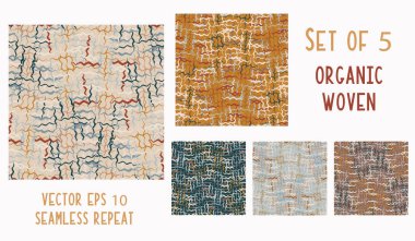 El yapımı keten desenli, pürüzsüz desen. Vektör karalama organik çapraz dokuma izleri. Gevşek çizgili kumaş soyut. Doğal ev yapımı toprak kahverengi tekstil baskısı seti