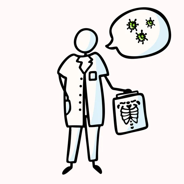 Corona ιός covid 19 ραβδί άνθρωπος γιατρός εξήγησε infographic. Ακτινογραφία πνευμόνων της γρίπης εξαπλώθηκε συναγερμός ειδήσεων. Εκπαιδευτική πνευμονία graphic clip. Μαύρο-άσπρο εικονίδιο. Ευαισθητοποίηση σχετικά με την ασφάλεια. — Διανυσματικό Αρχείο