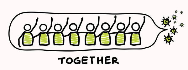 Support each other corona virus covid 19 stickman infographic. Considerate community help graphic clip art.Worl wide viral pandemic affects everyone. Be kind, dont touch, stay positive poster banner