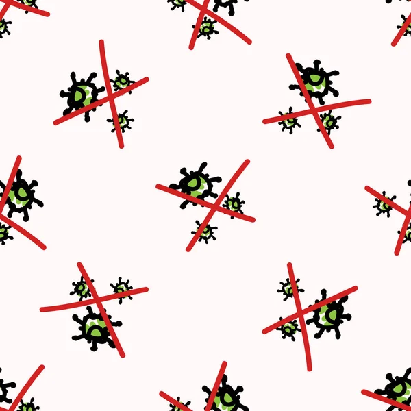 Bild des durchgestrichenen Coronavirus nahtlose Muster Hintergrund. Kämpfen, besiegen, besiegen Virusausbreitung Quarantäne von covid 19. Pädagogisches handgezeichnetes Grafikdesign. Sicherheitsbewusstsein — Stockvektor