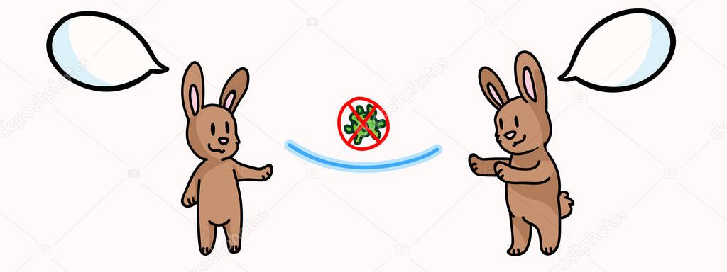 Corona virus kids cartoon stay apart distance infographic. Viral flu help cute bunny. Educational graphic for self isolate family. Friendly icon for young children. Vector safety caution awareness.