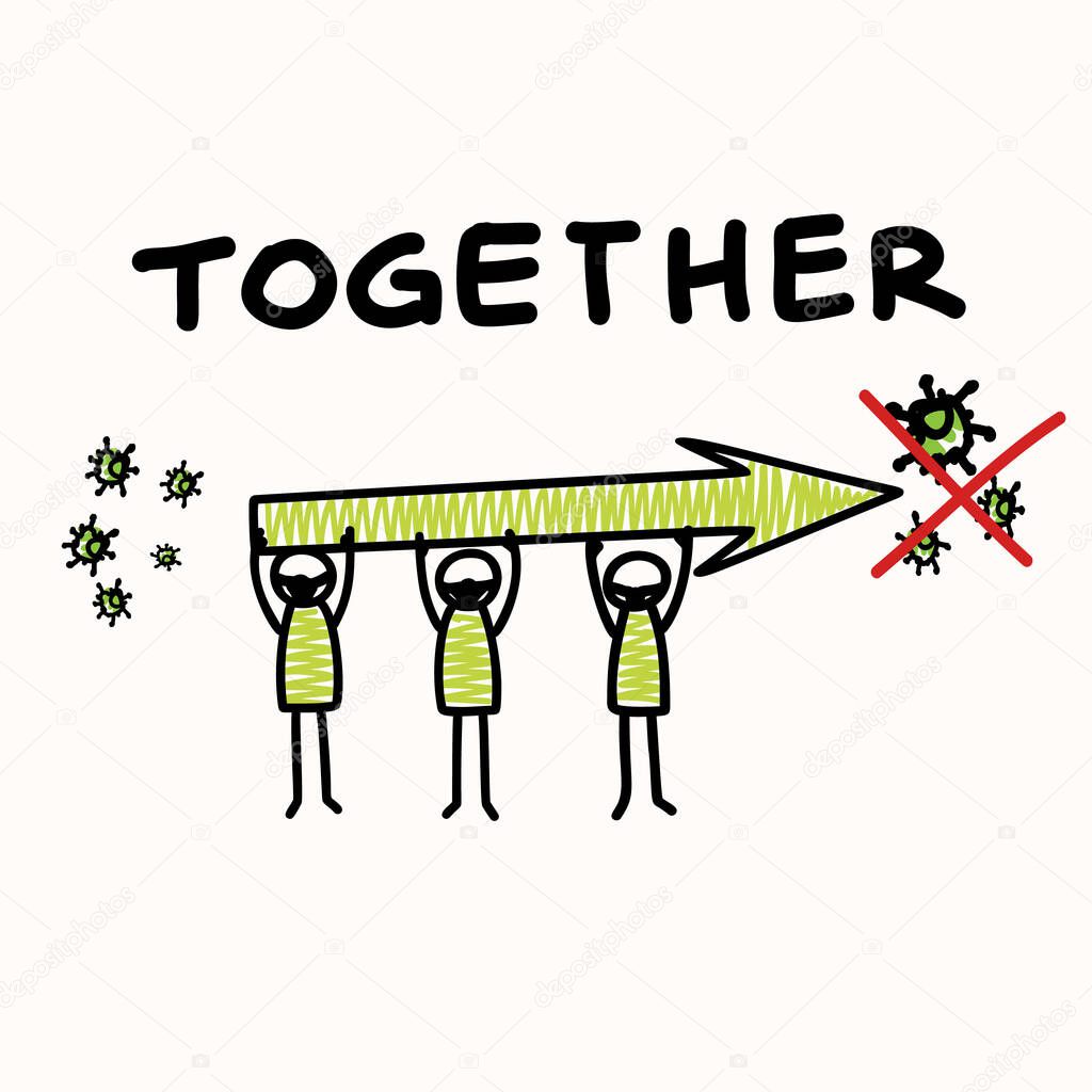 Support each other corona virus covid 19 stickman infographic. Considerate community help graphic clip art.Worl wide viral pandemic affects everyone. Be kind, dont touch, stay positive poster banner