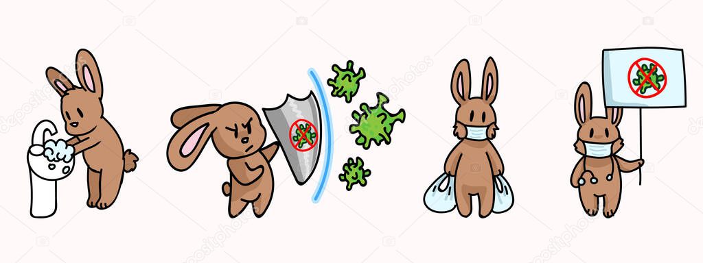 Corona virus kids cartoon fight set infographic. Viral flu info cute bunny. Educational graphic with picture of virus. Friendly icon for young children. Vector flu safety caution awareness. 