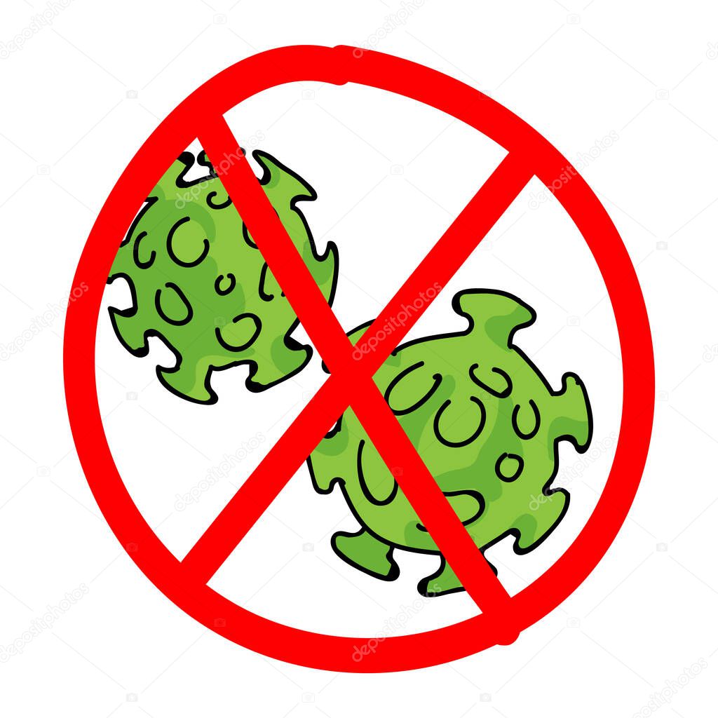 Picture of crossed out covid 19 virus icon image. Fight viral spread quarantine corona element. Educational hand drawn graphic design clipart in color. Social media safety caution awareness.