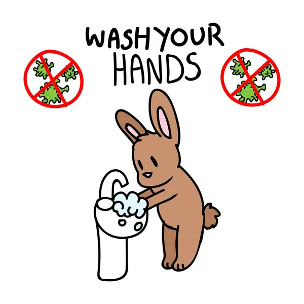 Corona ιός covid 19 πλύνετε τα χέρια σας χαριτωμένο κουνέλι πλύσιμο των χεριών σε vector νεροχύτη. Για παιδιά φιλικό προς την ιατρική περίθαλψη κλίπ ευαισθητοποίησης. Υγιεινή με εικόνα του ιού προσοχή γραφικών υποστήριξης. — Διανυσματικό Αρχείο