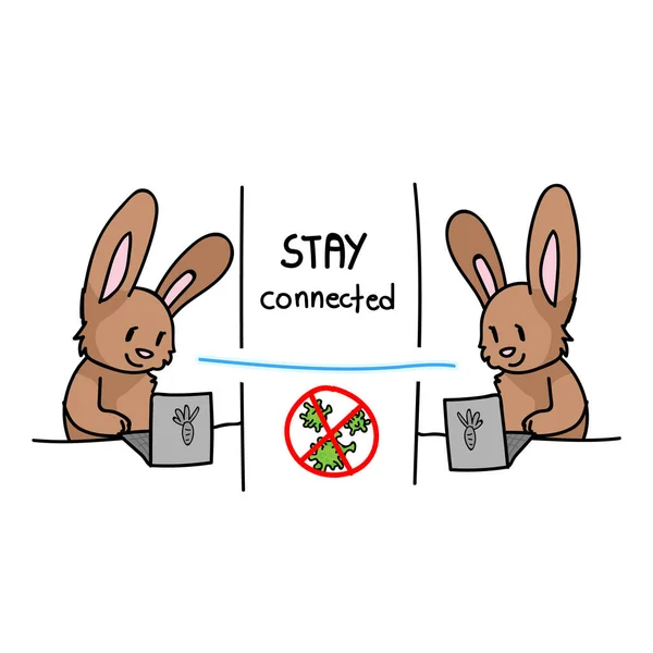 Corona virus kids cartoon stay connected cute bunny laptop infografik. Bildungspolitische Selbstisolierung der Familie. Freundliches soziales Symbol für Kinder, Bild des Virus. Vektor-Sicherheitsbewusstsein. — Stockvektor