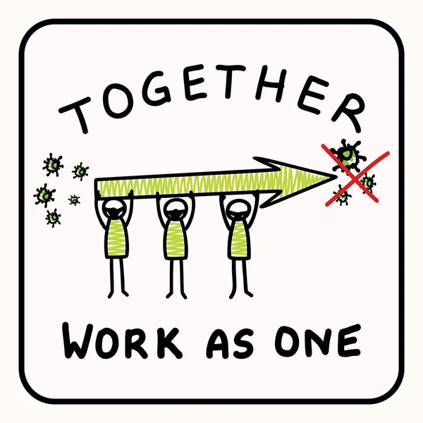 Corona virüsü krizi, birlikte tek bir bayrak gibi çalışıyor. Covid 19 Stickman Infographic 'i yen. Toplum sosyal medyaya yardım ediyor. Viral salgın destek mesajı. Bu konsept posterine ulaş 