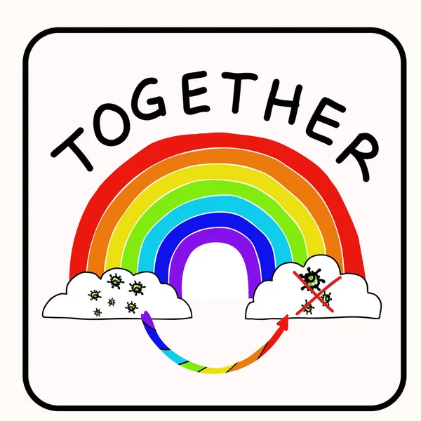 Samen vechten regenboogvirussen. Je bent niet alleen. Steun elkaar corona covid 19 infographic. Overweeg community help grafisch clipart. Pandemie treft iedereen. Wees vriendelijk, positieve poster banner — Stockvector