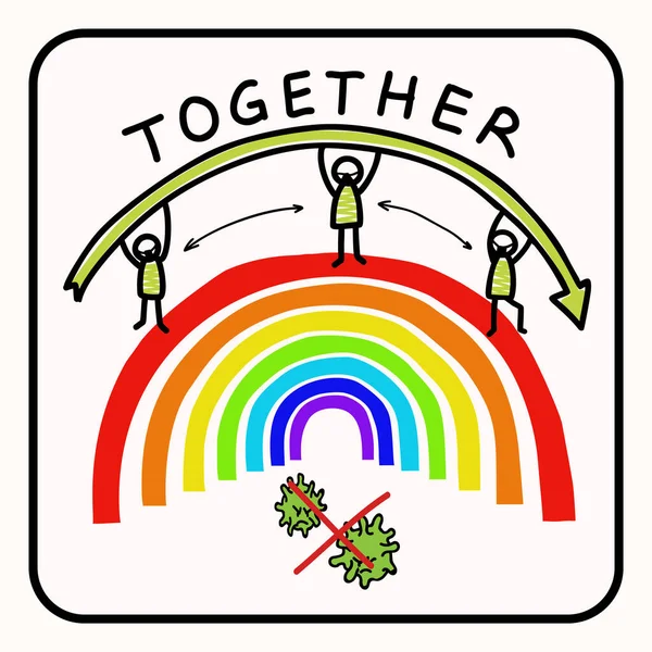 Together rainbow virus fight. You are not alone. Support each other corona covid 19 infographic. Considerate community help graphic clipart. Pandemic stick figure positive joined action poster banner — Stock Vector