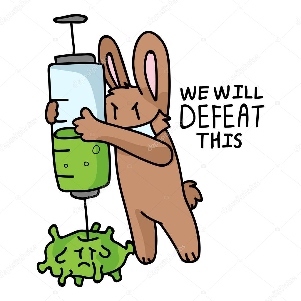 Corona virus crisis we will defeat this banner poster. Covid 19 infographic for kids with cute bunny wth syringe. Educational graphic picture of virus. Friendly icon for children. Vector flu caution. 