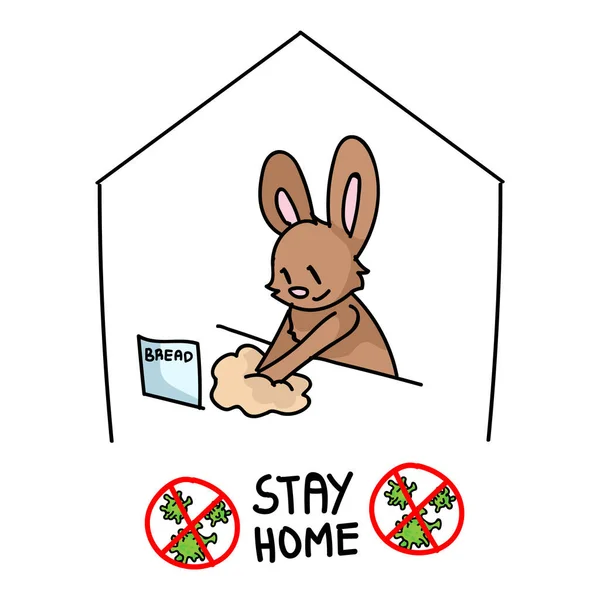 Corona virus covid 19 stay home cute bunny in self Quarantäne activity infographic. Selbstisolierte Unterstützung. Kaninchen backen Brot Grafik. Informationen zur viralen Isolation. Vektor Vorsicht sars cov 2 Hilfe. — Stockvektor