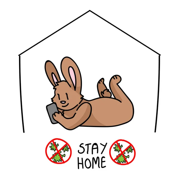 Corona virus kids cartoon stay home cute bunny phone infografik. Bildungspolitische Selbstisolierung der Familie. Freundliches soziales Symbol für Kinder, Bild des Virus. Vektor-Sicherheitsbewusstsein. — Stockvektor