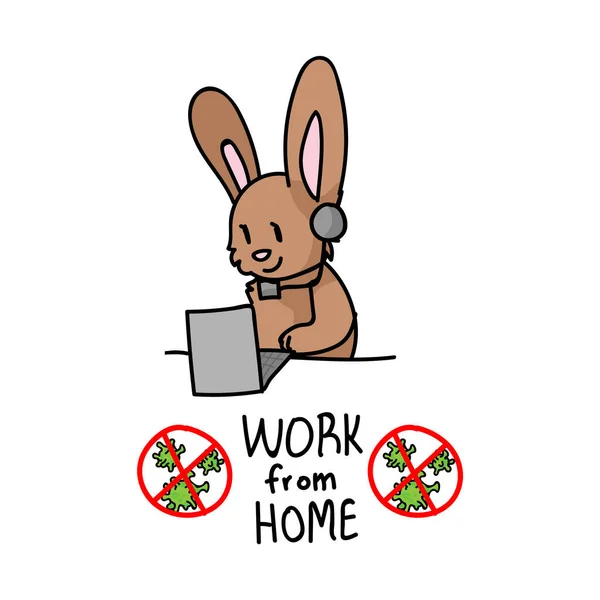 Corona virus kids cartoon work from home cute rabbit laptop infographic. Bildungspolitische Selbstisolierung der Familie. Freundliches soziales Symbol für Kinder, Bild des Virus. Vektor-Sicherheitsbewusstsein. — Stockvektor