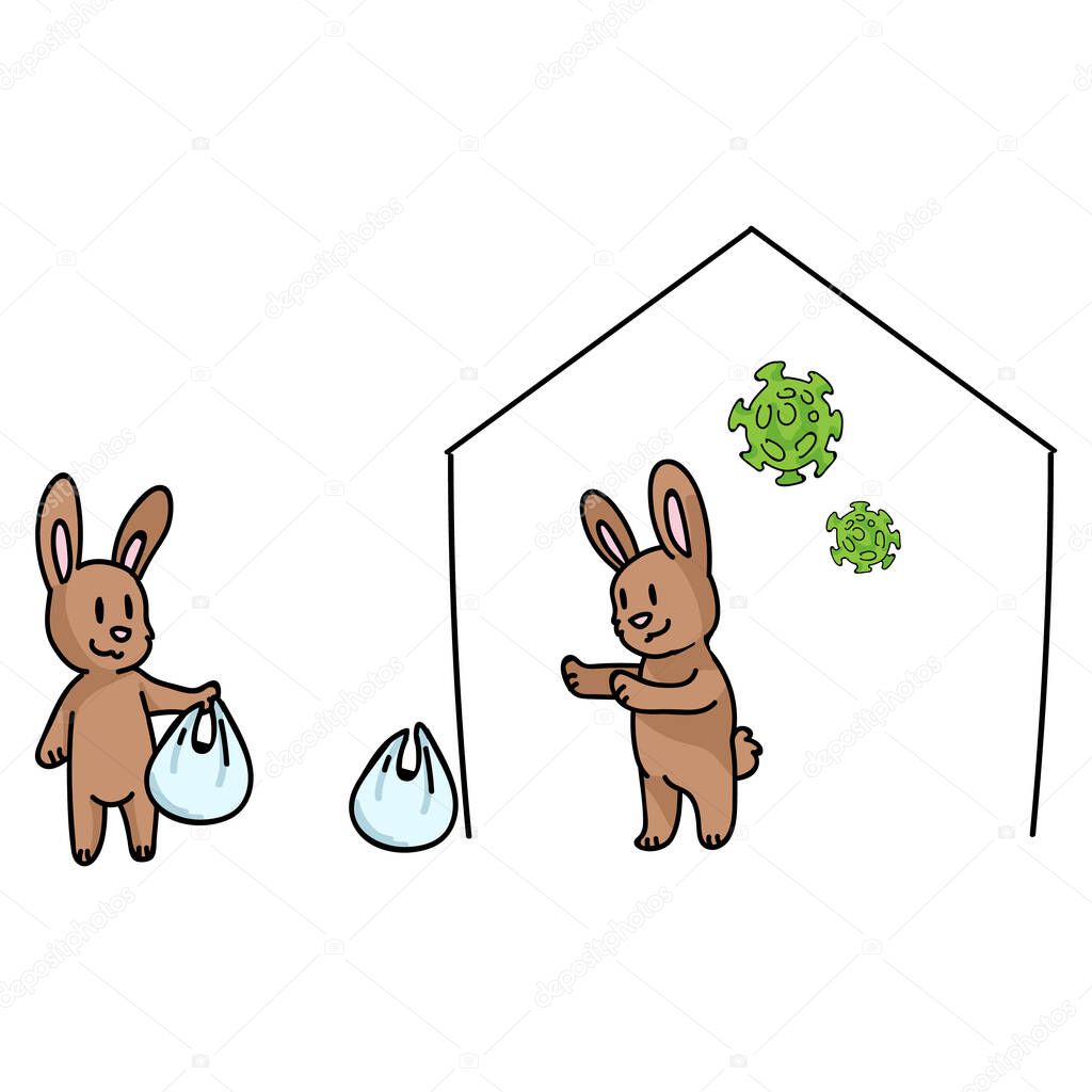 Corona virus kids cartoon help each other rabbit infographic. Viral flu face mask on cute bunny. Educational graphic for self isolate family. Friendly icon for children. Vector flu safety awareness.