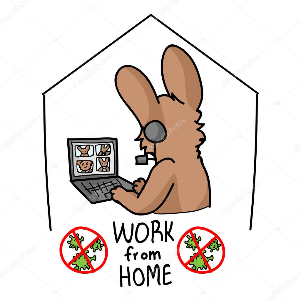 Sars cov 2 crisis work from home banner poster. Cute bunny on video confrencing call covid 19 infographic for kids. Social media support clipart. Responsibly working cartoon concept vector sign. 