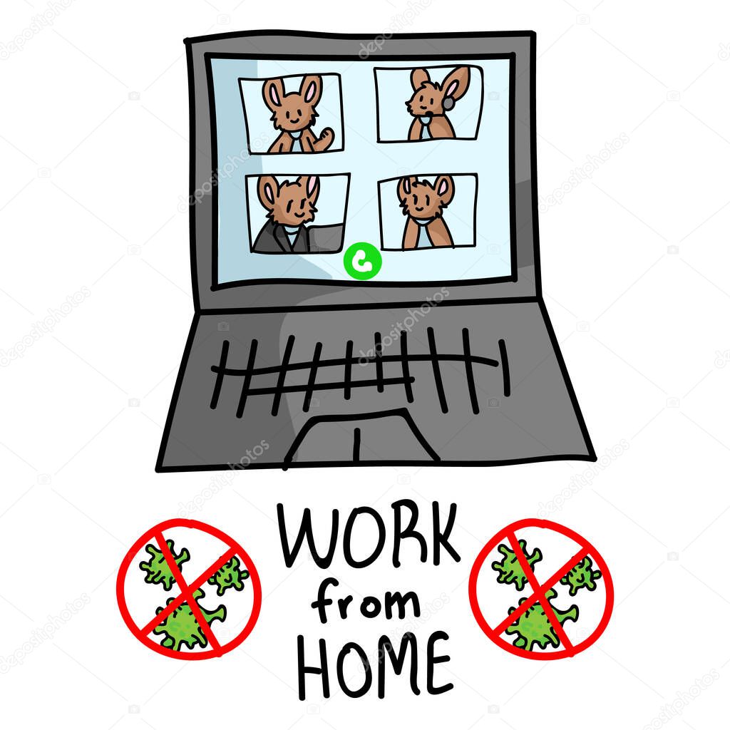 Sars cov 2 crisis work from home banner poster. Connect virtually video confrencing cute bunny covid 19 infographic for kids. Social media support clipart. Responsibly working cartoon concept vector.