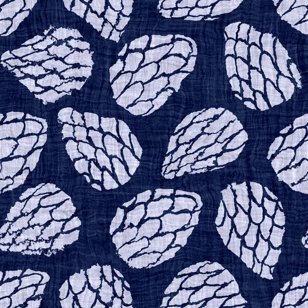 Indigo blue batik flower damask dyed effect texture background. Seamless japanese repeat pattern swatch. Decor motif wax resist dye. Floral asian fusion all over kimono textile. Worn boro cloth print